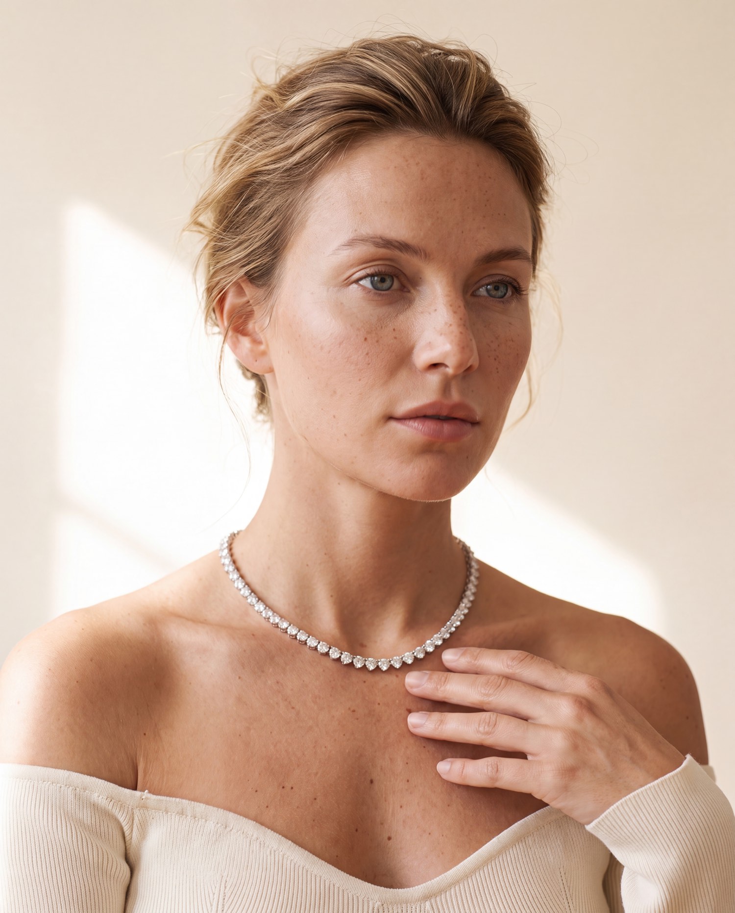 A diamond riviera necklace worn against warm cream light